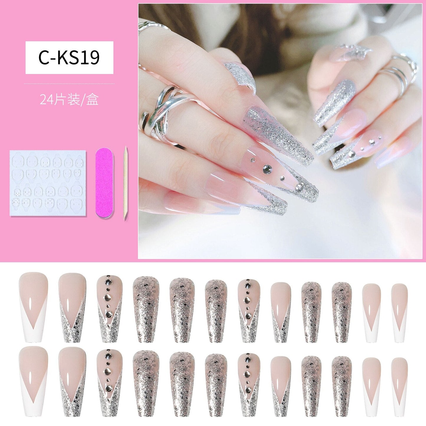 24pcs Matte Fake Nails Extra Long Ballerina Coffin Dark Blue Colorful Rhinestone Decals False Nails with designs Nail Art