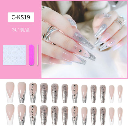 24pcs Matte Fake Nails Extra Long Ballerina Coffin Dark Blue Colorful Rhinestone Decals False Nails with designs Nail Art