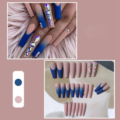 24pcs Matte Fake Nails Extra Long Ballerina Coffin Dark Blue Colorful Rhinestone Decals False Nails with designs Nail Art