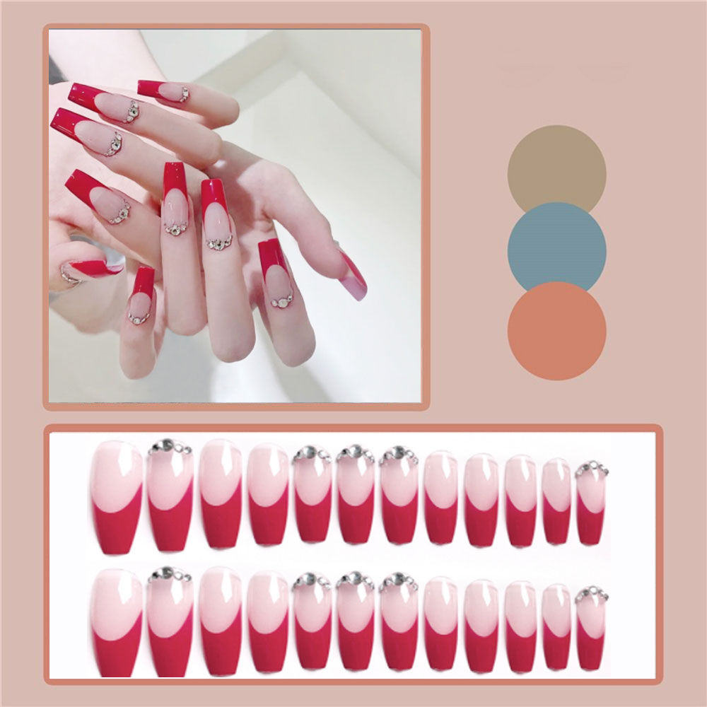 24pcs Matte Fake Nails Extra Long Ballerina Coffin Dark Blue Colorful Rhinestone Decals False Nails with designs Nail Art