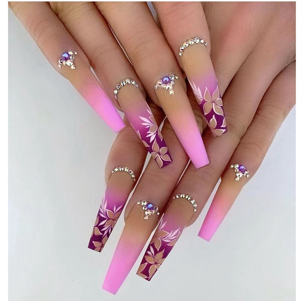 24pcs Matte Fake Nails Extra Long Ballerina Coffin Dark Blue Colorful Rhinestone Decals False Nails with designs Nail Art