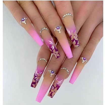 24pcs Matte Fake Nails Extra Long Ballerina Coffin Dark Blue Colorful Rhinestone Decals False Nails with designs Nail Art