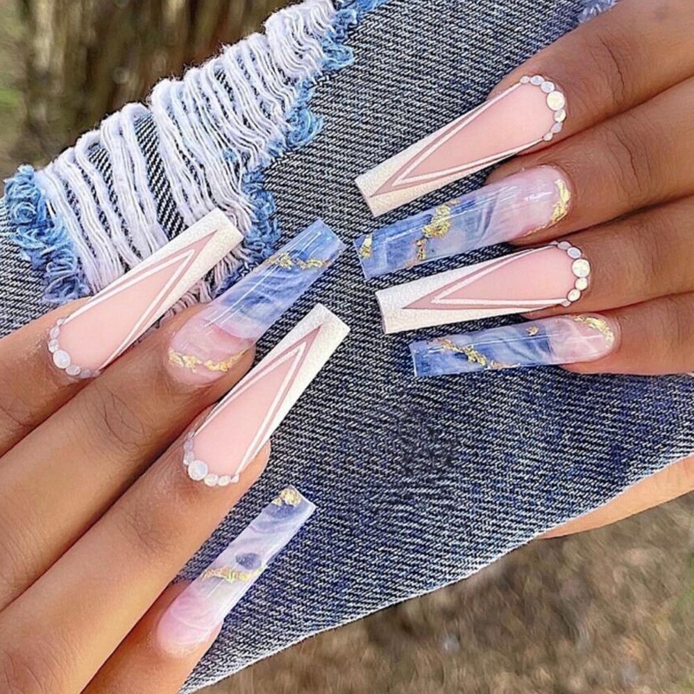 24pcs Matte Fake Nails Extra Long Ballerina Coffin Dark Blue Colorful Rhinestone Decals False Nails with designs Nail Art