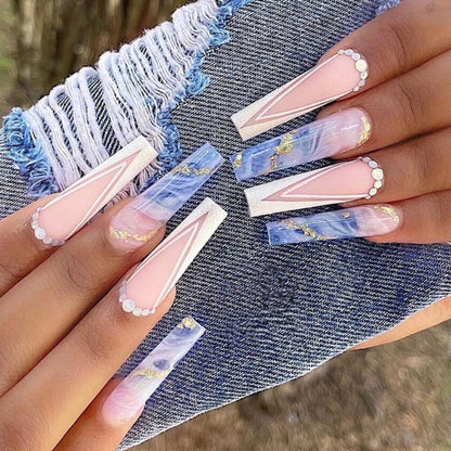 24pcs Matte Fake Nails Extra Long Ballerina Coffin Dark Blue Colorful Rhinestone Decals False Nails with designs Nail Art