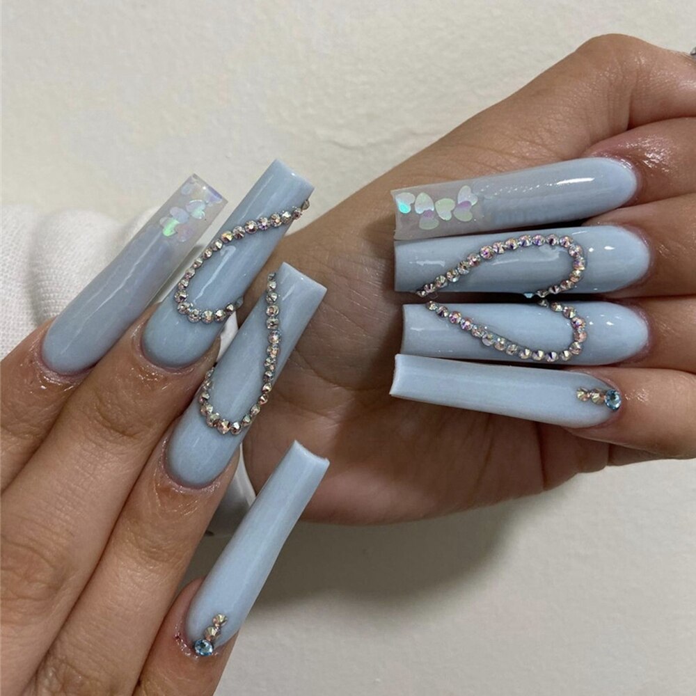 24pcs Matte Fake Nails Extra Long Ballerina Coffin Dark Blue Colorful Rhinestone Decals False Nails with designs Nail Art