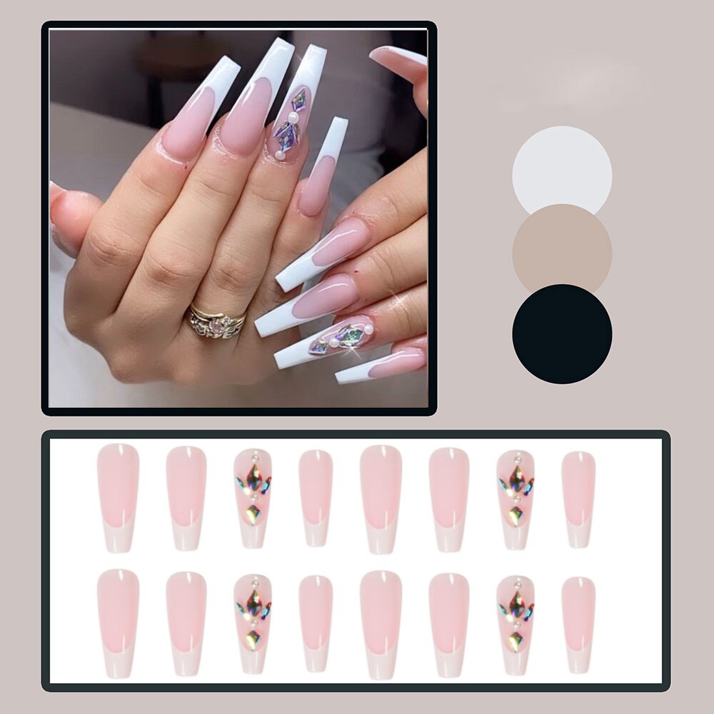 24pcs Matte Fake Nails Extra Long Ballerina Coffin Dark Blue Colorful Rhinestone Decals False Nails with designs Nail Art