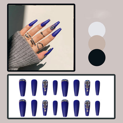 24pcs Matte Fake Nails Extra Long Ballerina Coffin Dark Blue Colorful Rhinestone Decals False Nails with designs Nail Art