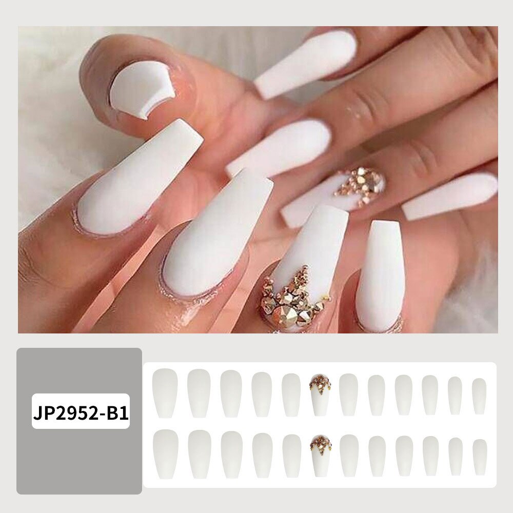 24pcs Matte Fake Nails Extra Long Ballerina Coffin Dark Blue Colorful Rhinestone Decals False Nails with designs Nail Art