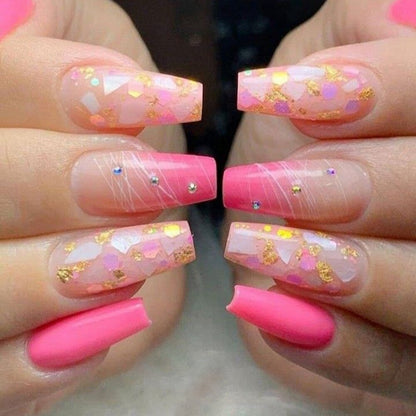 24pcs Matte Fake Nails Extra Long Ballerina Coffin Dark Blue Colorful Rhinestone Decals False Nails with designs Nail Art