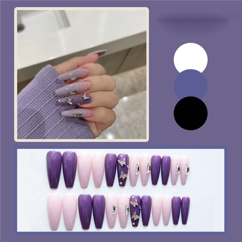 24pcs Matte Fake Nails Extra Long Ballerina Coffin Dark Blue Colorful Rhinestone Decals False Nails with designs Nail Art