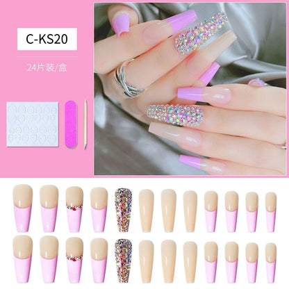 24pcs Matte Fake Nails Extra Long Ballerina Coffin Dark Blue Colorful Rhinestone Decals False Nails with designs Nail Art