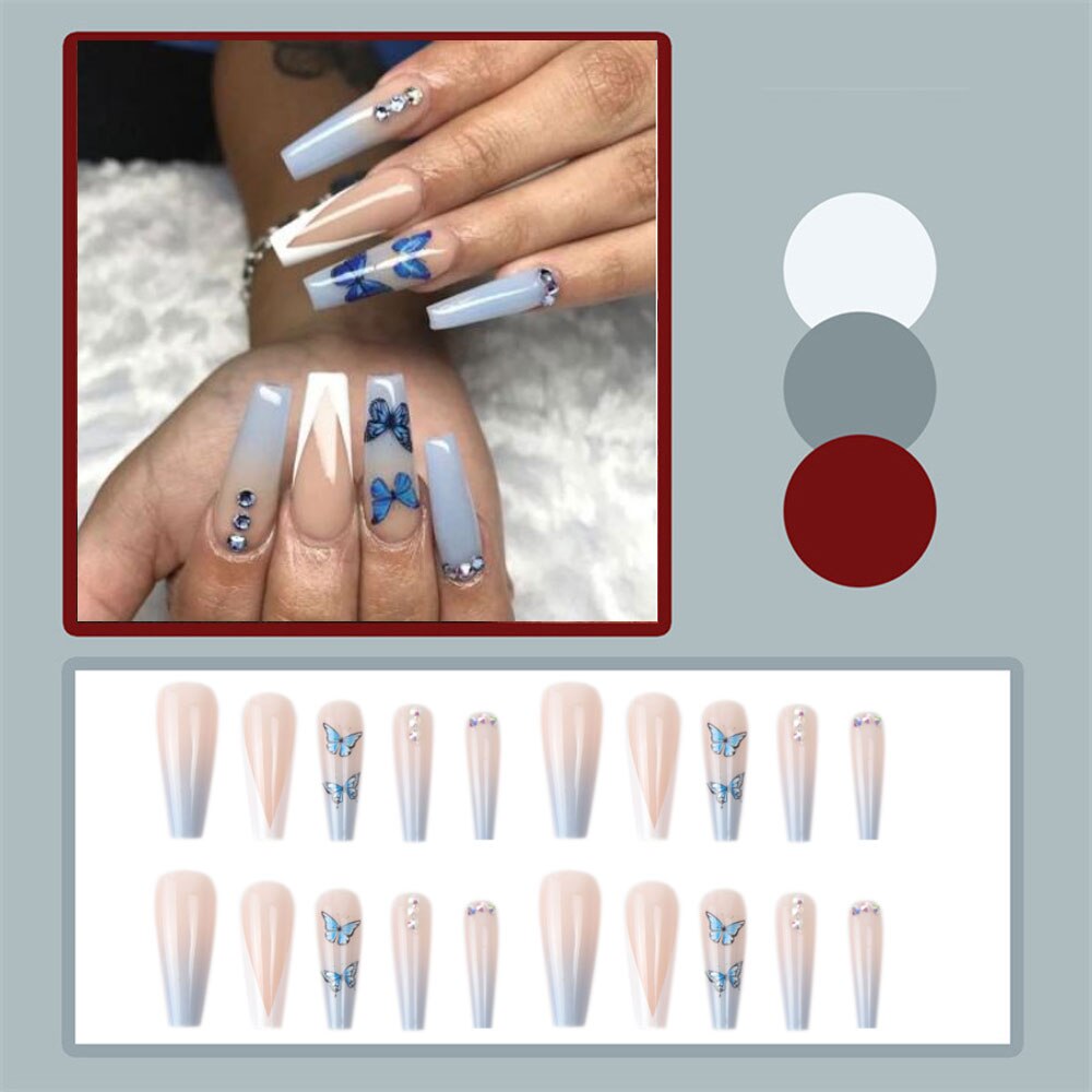24pcs Matte Fake Nails Extra Long Ballerina Coffin Dark Blue Colorful Rhinestone Decals False Nails with designs Nail Art