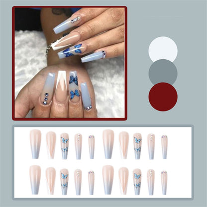 24pcs Matte Fake Nails Extra Long Ballerina Coffin Dark Blue Colorful Rhinestone Decals False Nails with designs Nail Art