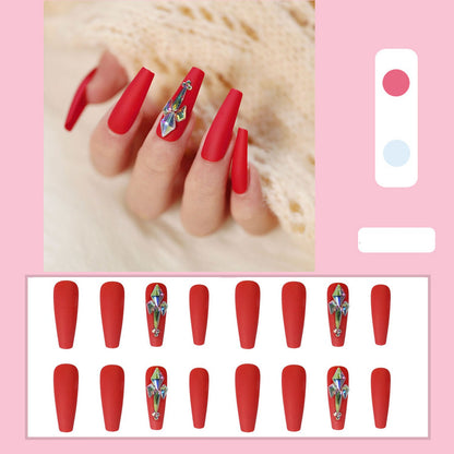 24pcs Matte Fake Nails Extra Long Ballerina Coffin Dark Blue Colorful Rhinestone Decals False Nails with designs Nail Art