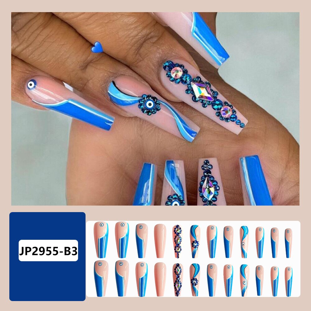 24pcs Matte Fake Nails Extra Long Ballerina Coffin Dark Blue Colorful Rhinestone Decals False Nails with designs Nail Art