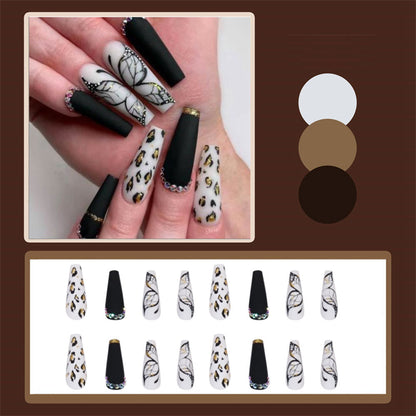 24pcs Matte Fake Nails Extra Long Ballerina Coffin Dark Blue Colorful Rhinestone Decals False Nails with designs Nail Art