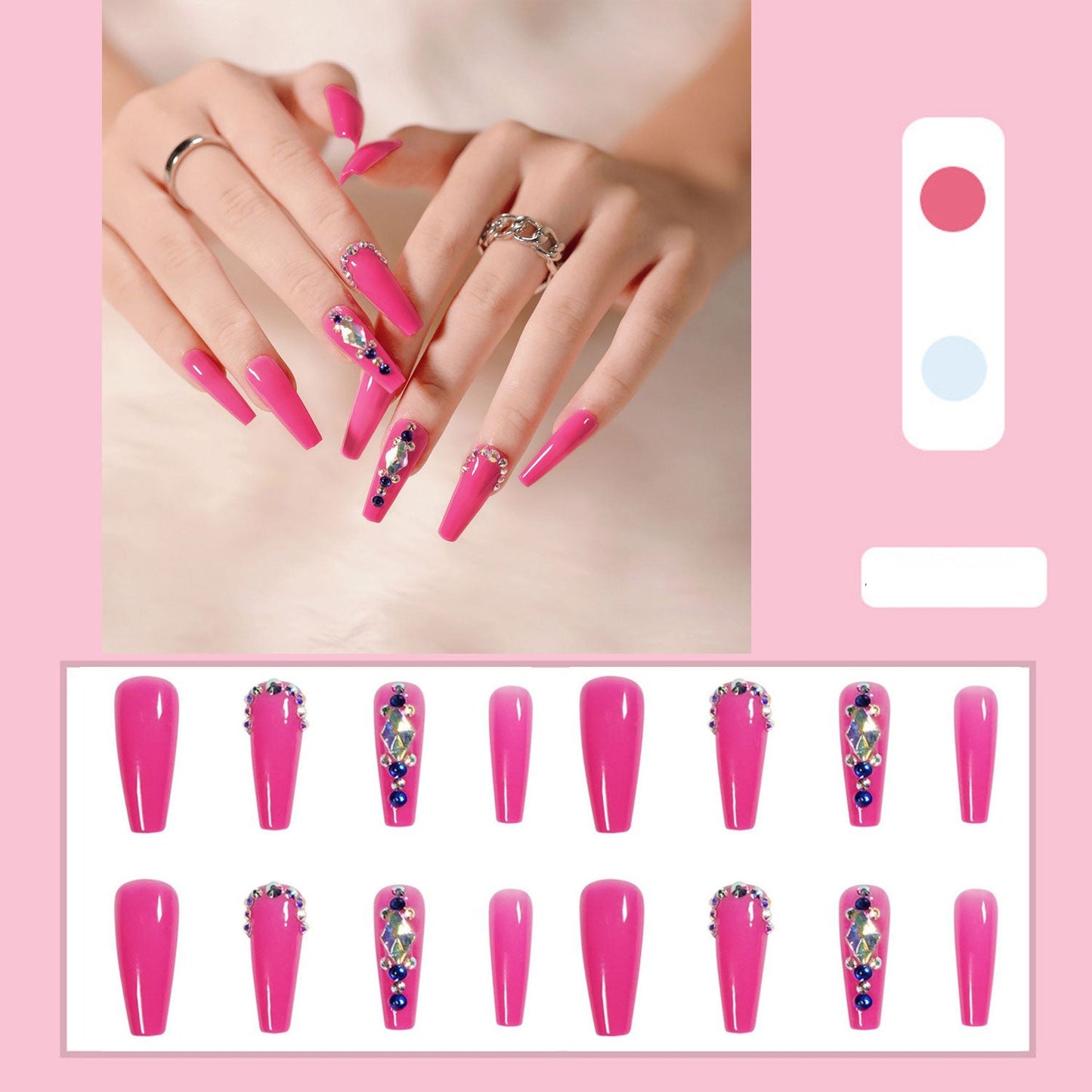 24pcs Matte Fake Nails Extra Long Ballerina Coffin Dark Blue Colorful Rhinestone Decals False Nails with designs Nail Art