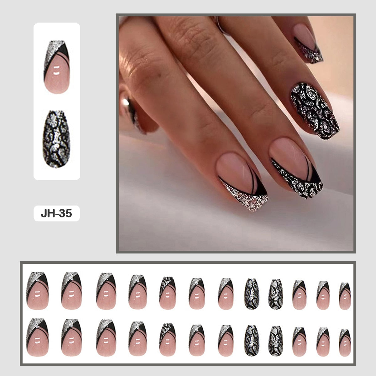 24pcs Nail Art Fake Nails with Glitter and Lines in Shape of Water Drop Square Press on False Nails With Glue and Wearing Tools