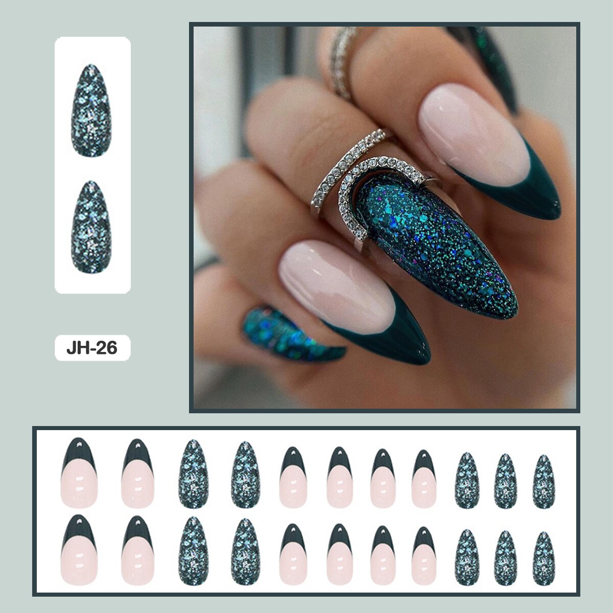 24pcs Nail Art Fake Nails with Glitter and Lines in Shape of Water Drop Square Press on False Nails With Glue and Wearing Tools