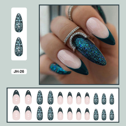 24pcs Nail Art Fake Nails with Glitter and Lines in Shape of Water Drop Square Press on False Nails With Glue and Wearing Tools
