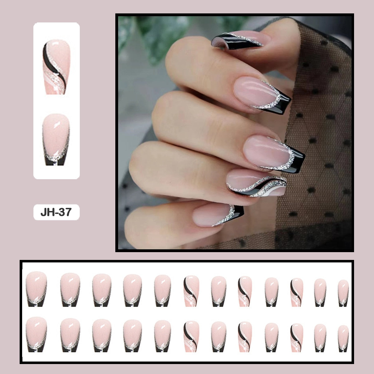 24pcs Nail Art Fake Nails with Glitter and Lines in Shape of Water Drop Square Press on False Nails With Glue and Wearing Tools
