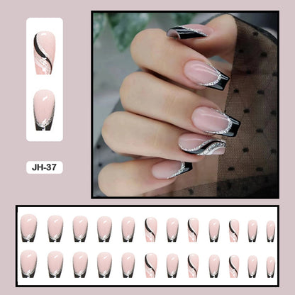 24pcs Nail Art Fake Nails with Glitter and Lines in Shape of Water Drop Square Press on False Nails With Glue and Wearing Tools
