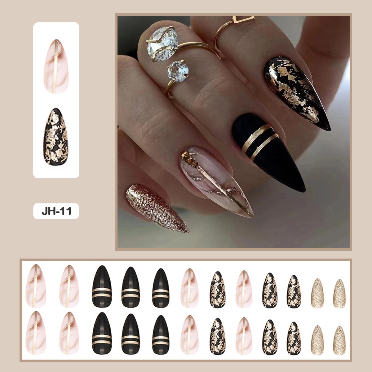 24pcs Nail Art Fake Nails with Glitter and Lines in Shape of Water Drop Square Press on False Nails With Glue and Wearing Tools