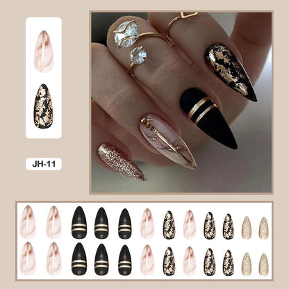 24pcs Nail Art Fake Nails with Glitter and Lines in Shape of Water Drop Square Press on False Nails With Glue and Wearing Tools