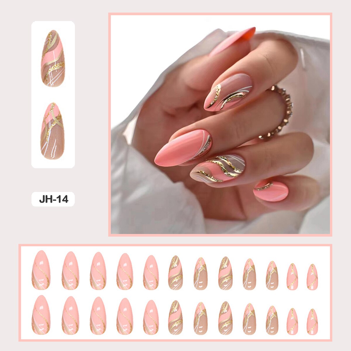 24pcs Nail Art Fake Nails with Glitter and Lines in Shape of Water Drop Square Press on False Nails With Glue and Wearing Tools