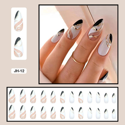 24pcs Nail Art Fake Nails with Glitter and Lines in Shape of Water Drop Square Press on False Nails With Glue and Wearing Tools