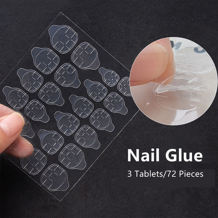 24pcs Nail Art Fake Nails with Glitter and Lines in Shape of Water Drop Square Press on False Nails With Glue and Wearing Tools