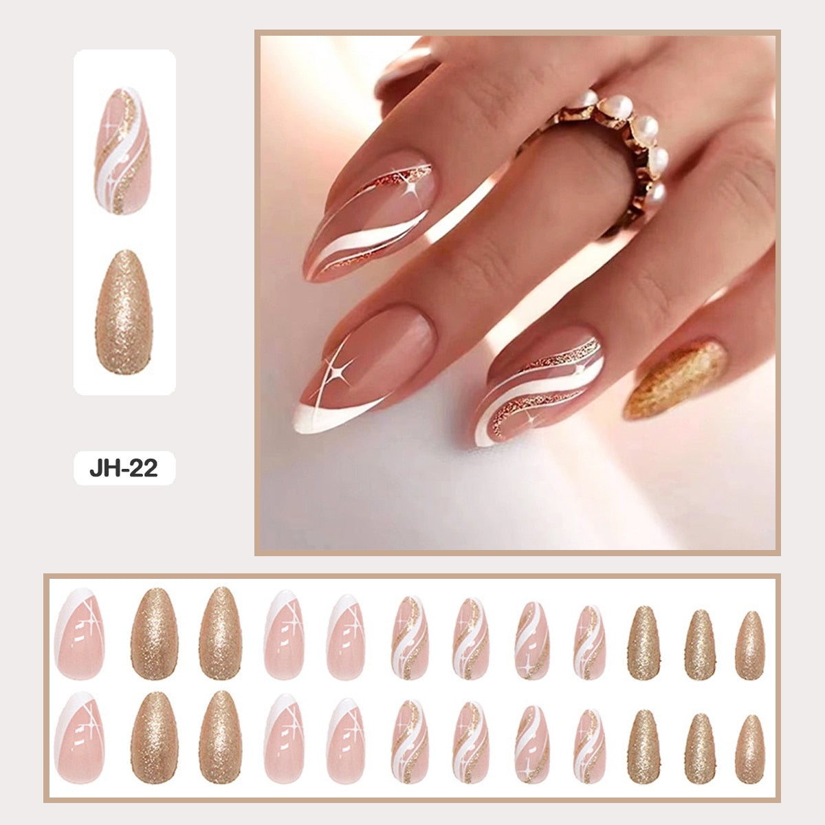 24pcs Nail Art Fake Nails with Glitter and Lines in Shape of Water Drop Square Press on False Nails With Glue and Wearing Tools