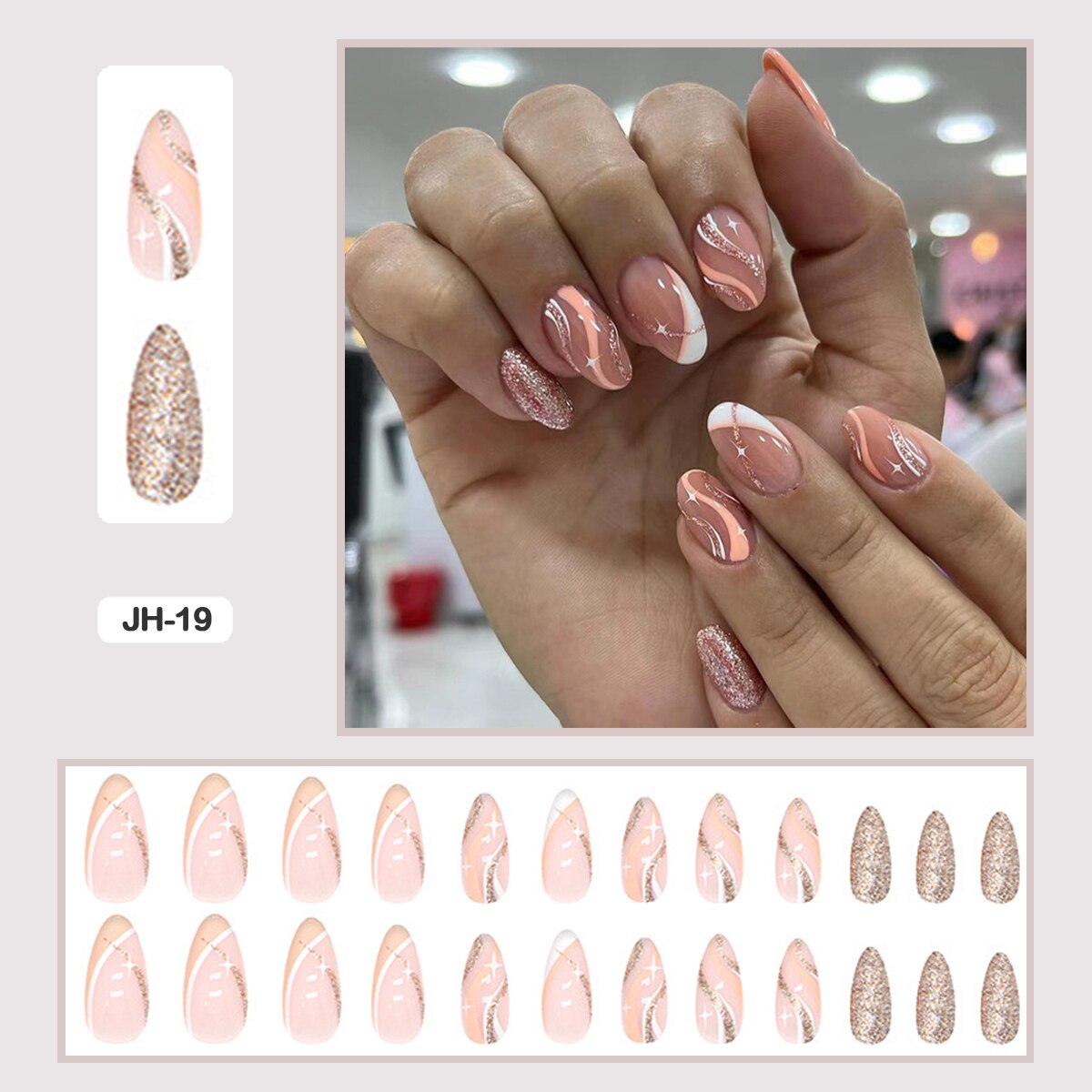 24pcs Nail Art Fake Nails with Glitter and Lines in Shape of Water Drop Square Press on False Nails With Glue and Wearing Tools