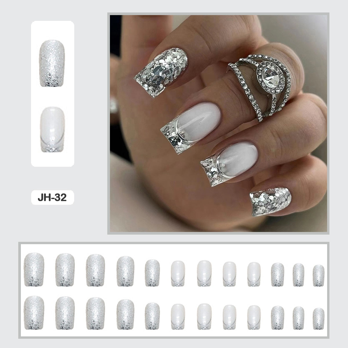 24pcs Nail Art Fake Nails with Glitter and Lines in Shape of Water Drop Square Press on False Nails With Glue and Wearing Tools