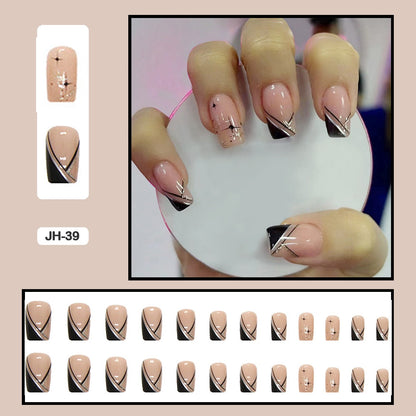 24pcs Nail Art Fake Nails with Glitter and Lines in Shape of Water Drop Square Press on False Nails With Glue and Wearing Tools