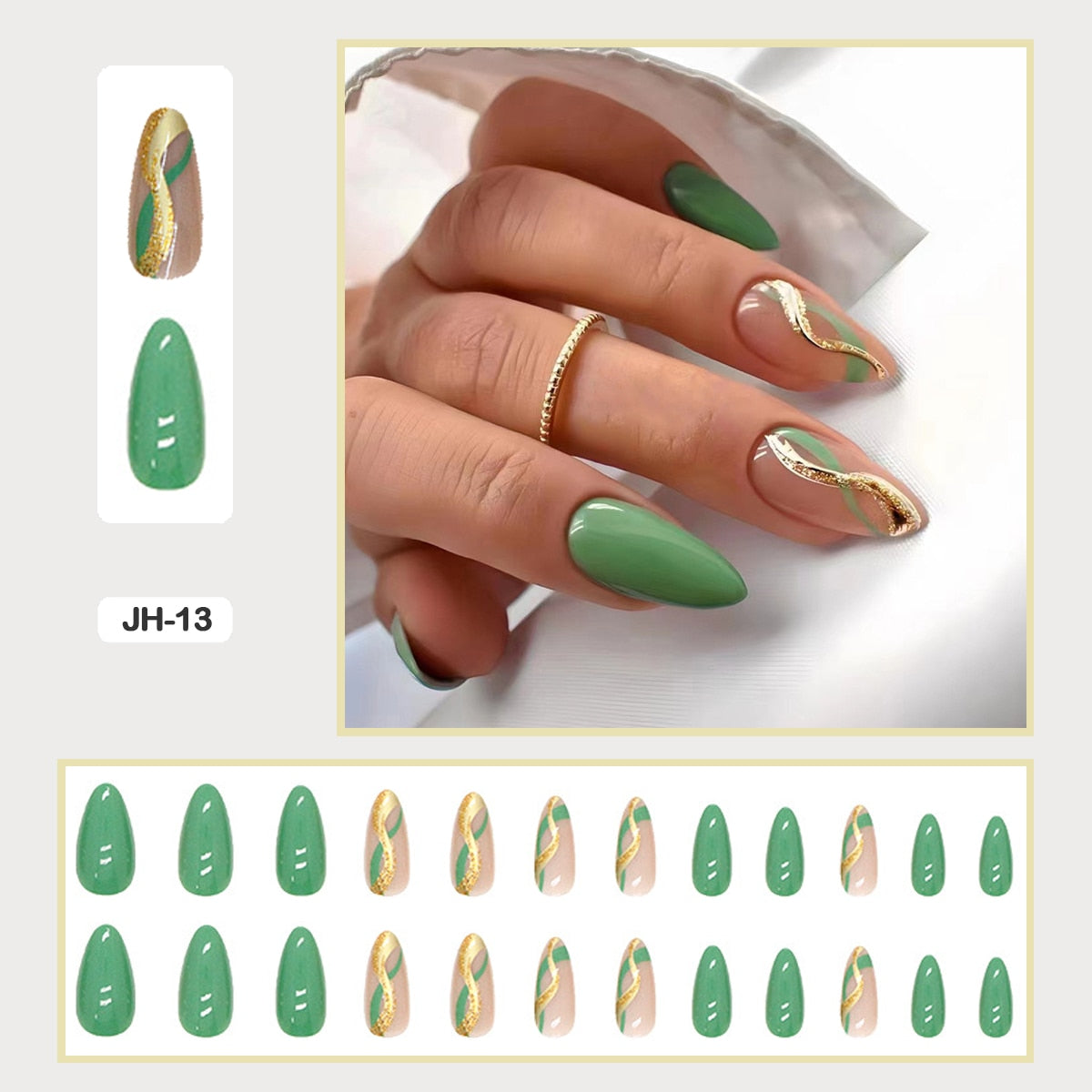 24pcs Nail Art Fake Nails with Glitter and Lines in Shape of Water Drop Square Press on False Nails With Glue and Wearing Tools