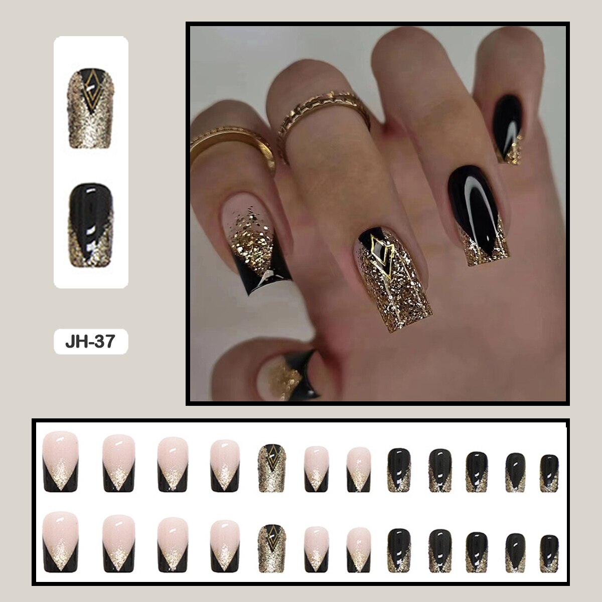 24pcs Nail Art Fake Nails with Glitter and Lines in Shape of Water Drop Square Press on False Nails With Glue and Wearing Tools