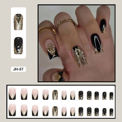 24pcs Nail Art Fake Nails with Glitter and Lines in Shape of Water Drop Square Press on False Nails With Glue and Wearing Tools