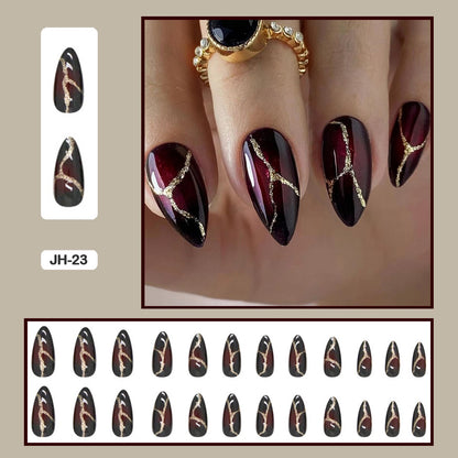 24pcs Nail Art Fake Nails with Glitter and Lines in Shape of Water Drop Square Press on False Nails With Glue and Wearing Tools