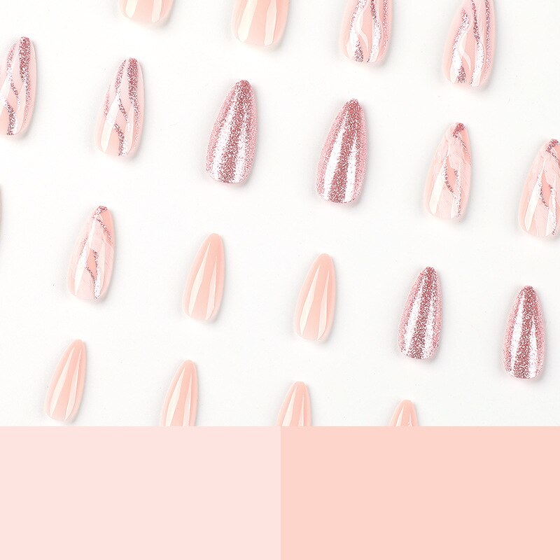 24pcs Nail Art Fake Nails with Glitter and Lines in Shape of Water Drop Square Press on False Nails With Glue and Wearing Tools