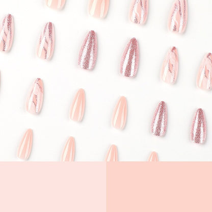 24pcs Nail Art Fake Nails with Glitter and Lines in Shape of Water Drop Square Press on False Nails With Glue and Wearing Tools
