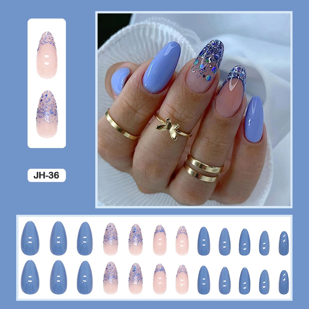 24pcs Nail Art Fake Nails with Glitter and Lines in Shape of Water Drop Square Press on False Nails With Glue and Wearing Tools