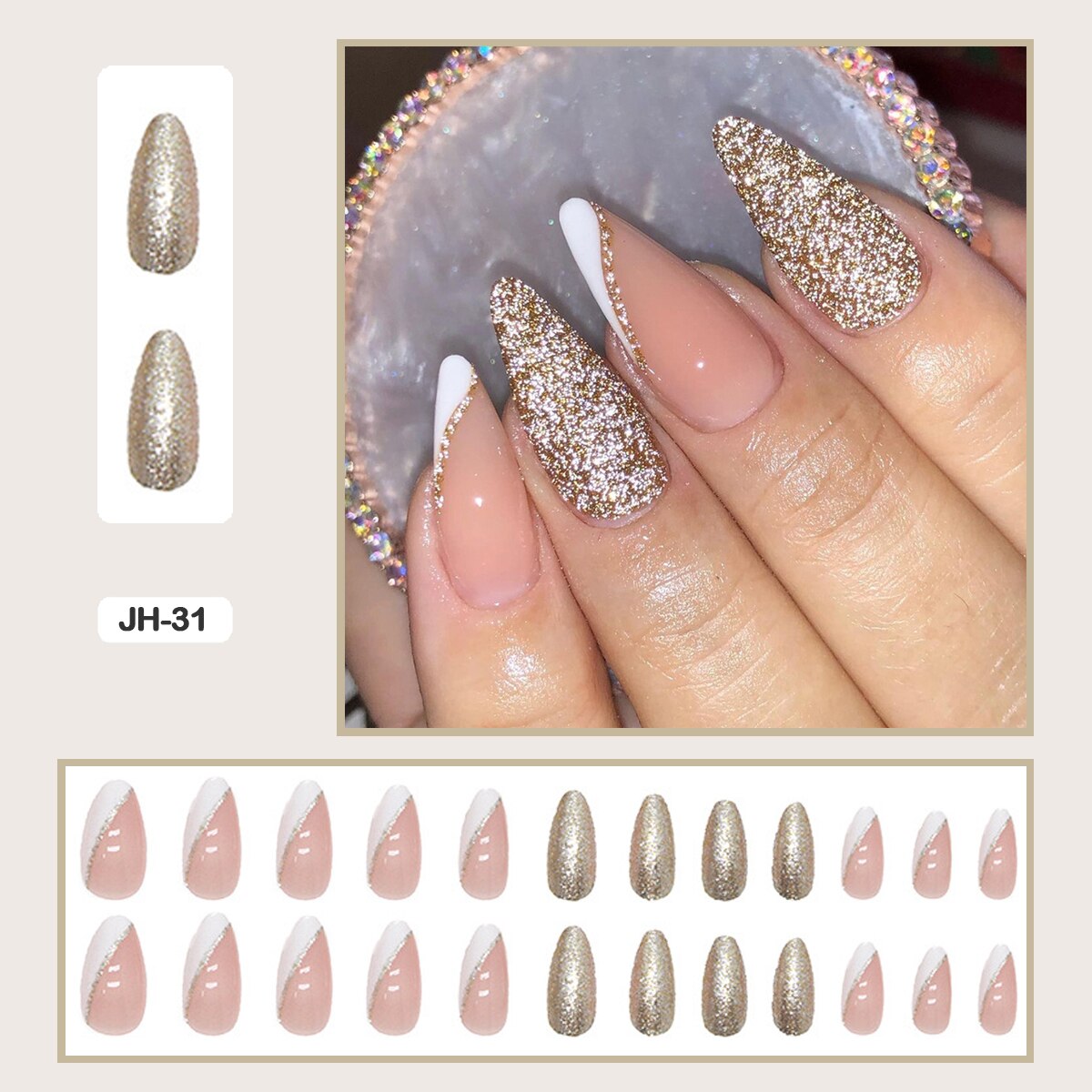 24pcs Nail Art Fake Nails with Glitter and Lines in Shape of Water Drop Square Press on False Nails With Glue and Wearing Tools