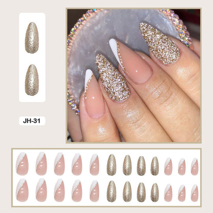 24pcs Nail Art Fake Nails with Glitter and Lines in Shape of Water Drop Square Press on False Nails With Glue and Wearing Tools