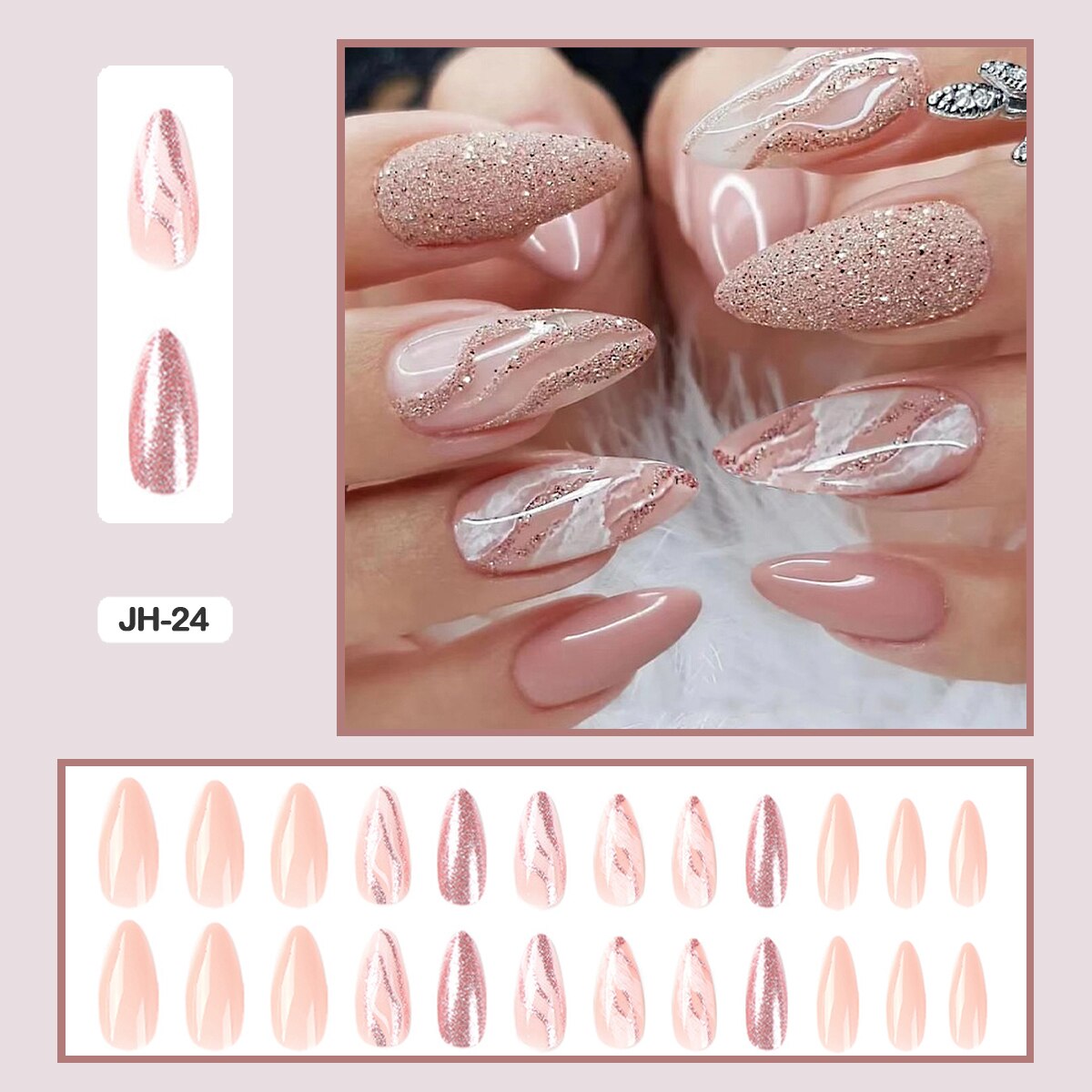 24pcs Nail Art Fake Nails with Glitter and Lines in Shape of Water Drop Square Press on False Nails With Glue and Wearing Tools
