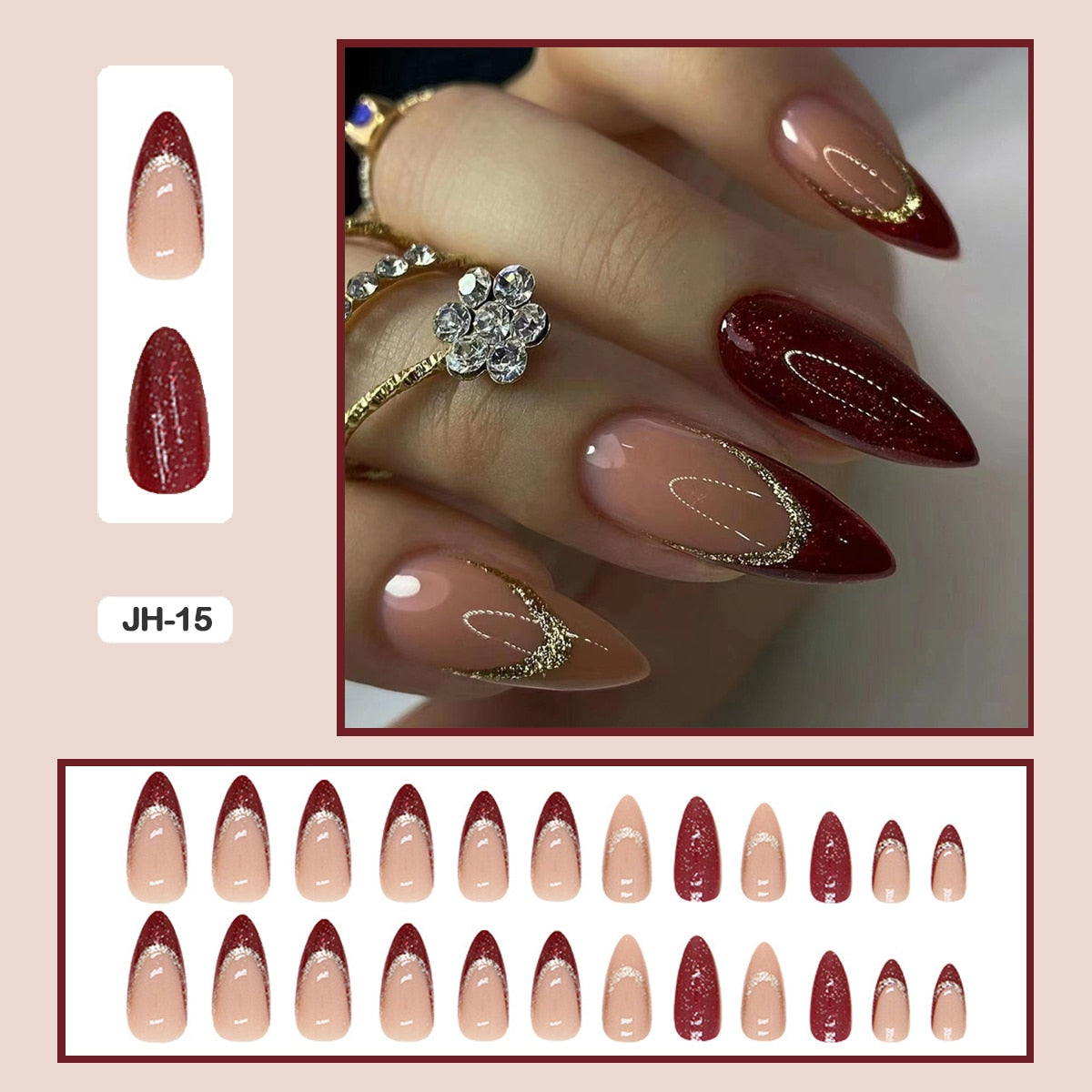 24pcs Nail Art Fake Nails with Glitter and Lines in Shape of Water Drop Square Press on False Nails With Glue and Wearing Tools