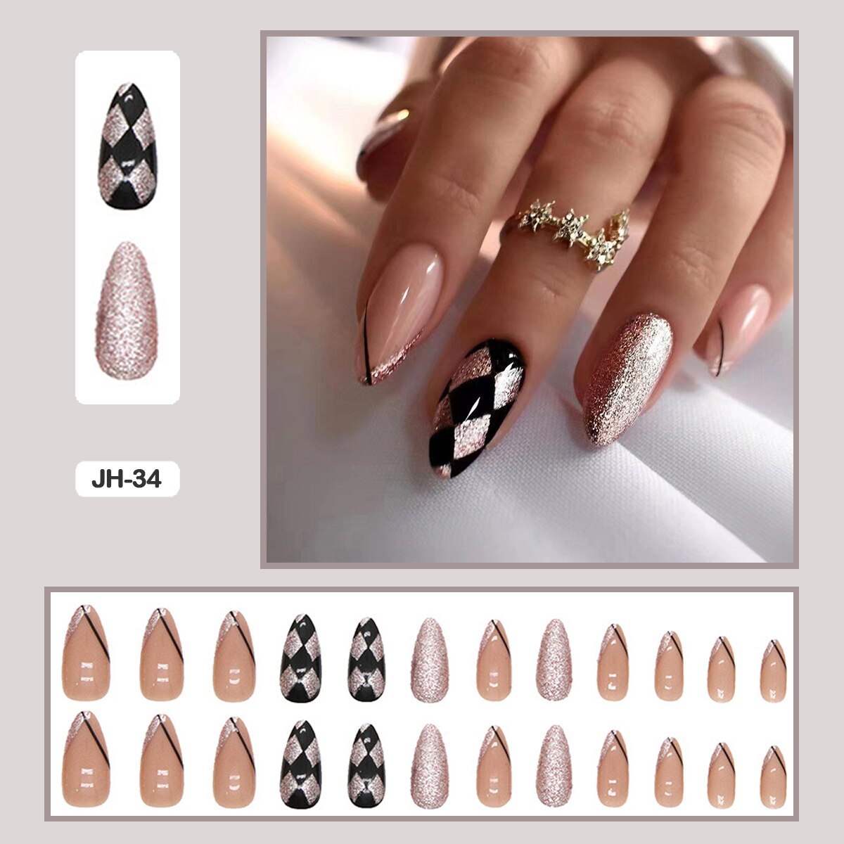 24pcs Nail Art Fake Nails with Glitter and Lines in Shape of Water Drop Square Press on False Nails With Glue and Wearing Tools