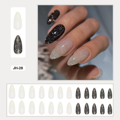 24pcs Nail Art Fake Nails with Glitter and Lines in Shape of Water Drop Square Press on False Nails With Glue and Wearing Tools