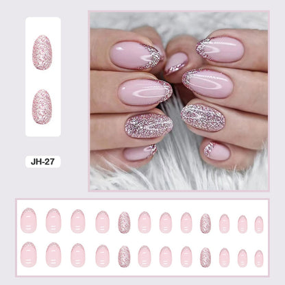24pcs Nail Art Fake Nails with Glitter and Lines in Shape of Water Drop Square Press on False Nails With Glue and Wearing Tools