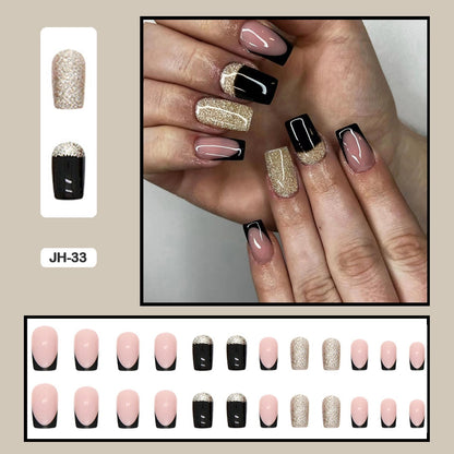 24pcs Nail Art Fake Nails with Glitter and Lines in Shape of Water Drop Square Press on False Nails With Glue and Wearing Tools